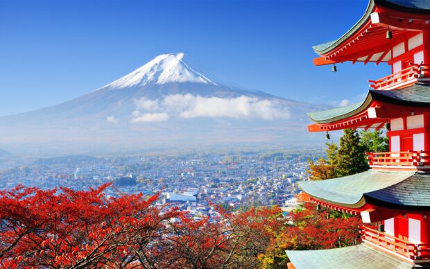 Traditional Japanese pagoda with red autumn leaves and Mount Fuji in Japan