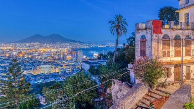 Old building and palm tree overlooking Naples cityscape at dusk
