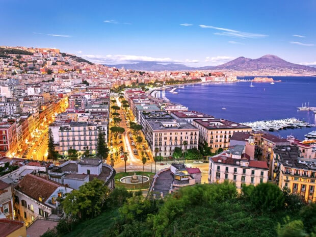 Stunning cityscape of Naples with coastal views and Mount Vesuvius in the background