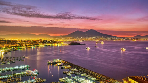 Evening view of Naples bay with Mount Vesuvius in the background