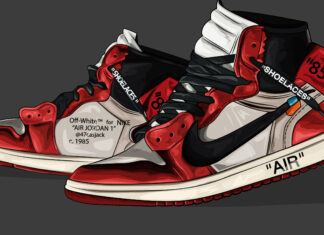 A detailed illustration of Off White sneakers with red black and white colors