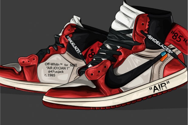 A detailed illustration of Off White sneakers with red black and white colors