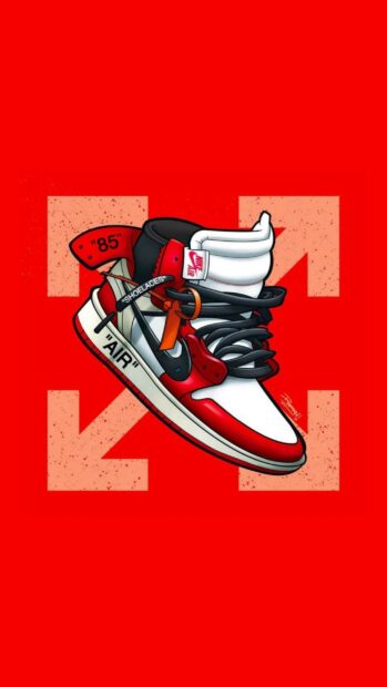 A detailed illustration of Off White sneakers with bold red and white colors on a red background