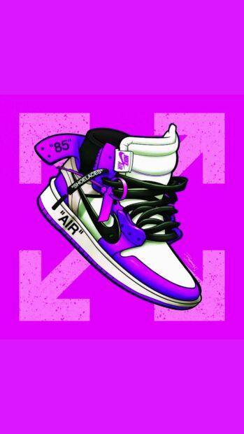 A digital illustration of Off White sneakers in purple and white colors on a vibrant pink background