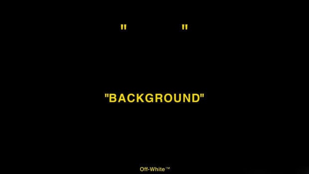 Off White typography design with yellow quote marks on black background featuring Off White trademark text