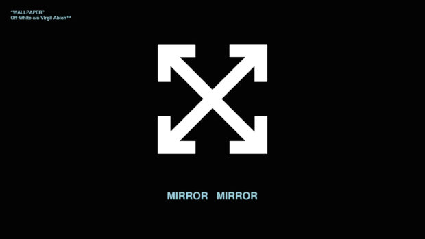 White Off White arrows symbol on black background with mirror mirror text