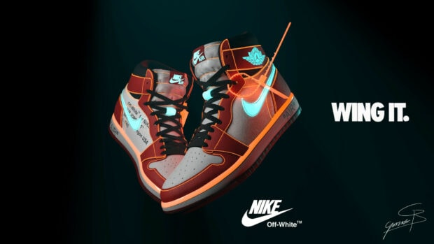 High quality Off White sneakers with Nike branding displayed on a dark background