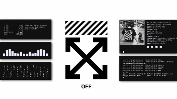 Off White brand logo in black and white with coding terminal screens on both sides