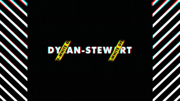 Off white name with caution tape and diagonal stripes pattern in black background