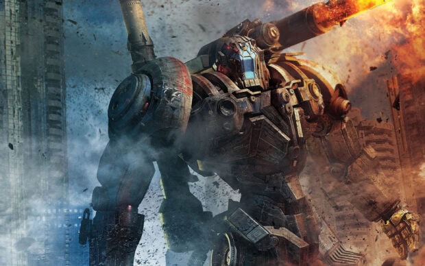 Giant Jaeger robot from Pacific Rim standing in a battle scene with smoke and fire around