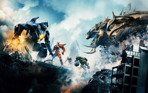 Giant mech and monster battle scene from Pacific Rim in a futuristic cityscape