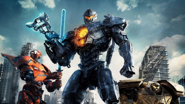 Three Pacific Rim robots standing in a city with damaged buildings and cloudy sky