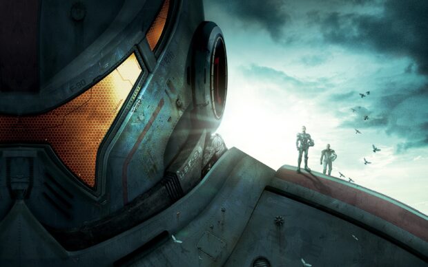Two pilots standing on a giant Jaeger from Pacific Rim against a bright sky