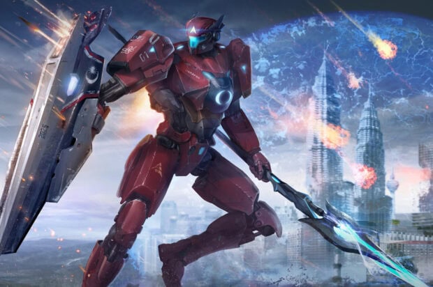 A giant red Pacific Rim mech holding a spear and shield in an urban battlefield