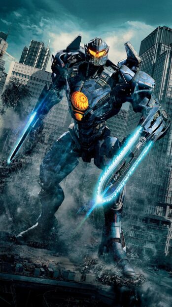 Giant Pacific Rim robot wielding glowing swords in city battle scene