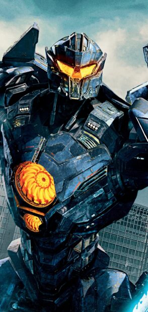 Close up of Pacific Rim robot glowing eyes and mechanical details in a futuristic cityscape