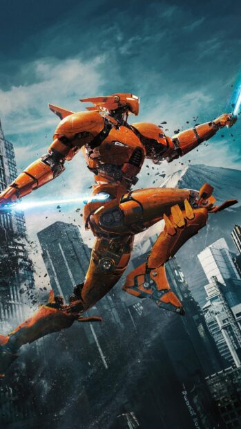 Orange Jaeger from Pacific Rim jumping with glowing blue swords in the cityscape