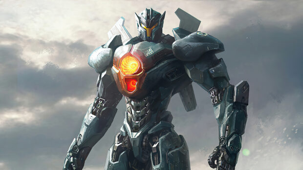 Giant Jaeger robot from Pacific Rim standing under cloudy sky