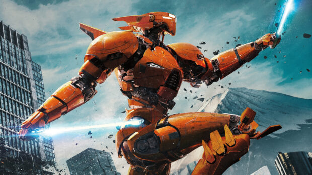 Orange Jaeger robot from Pacific Rim ready for battle in the city