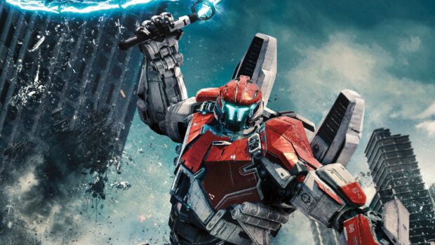 A Pacific Rim mech is fighting amidst tall buildings in a chaotic city scene