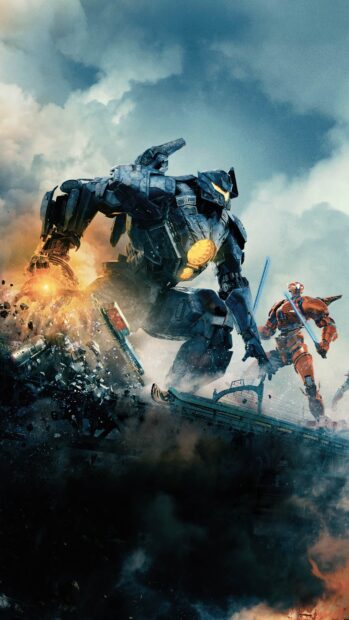 Two giant Pacific Rim mechs battling fiercely on a destroyed bridge under stormy skies