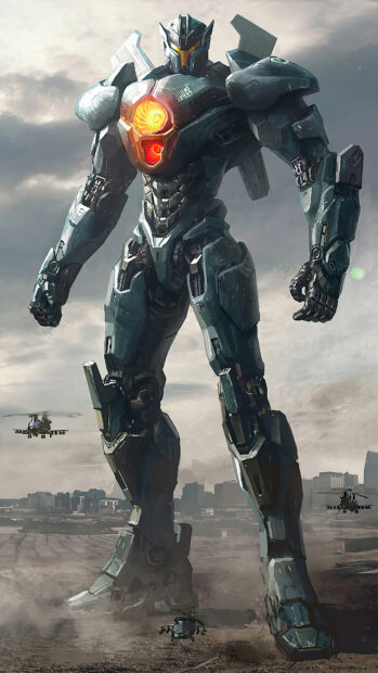 Giant Jaeger mech from Pacific Rim stands amidst helicopters in a futuristic cityscape
