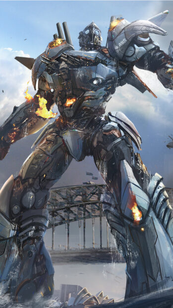 Giant Pacific Rim robot standing near a damaged bridge during battle
