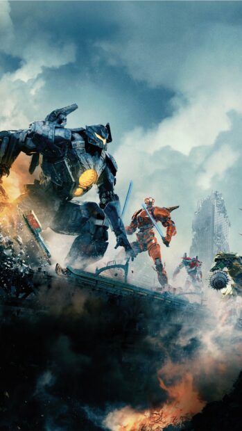 Giant robot battle scene in Pacific Rim with multiple Jaegers fighting in a destroyed cityscape