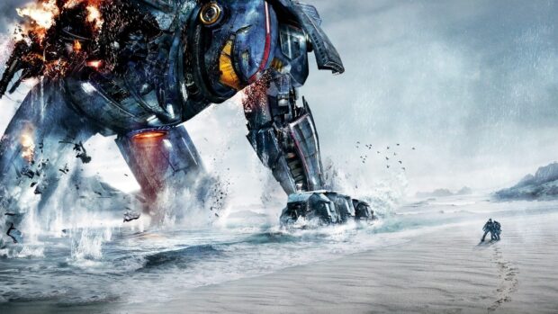 Giant Pacific Rim robot battling on the beach in a storm with two people walking nearby