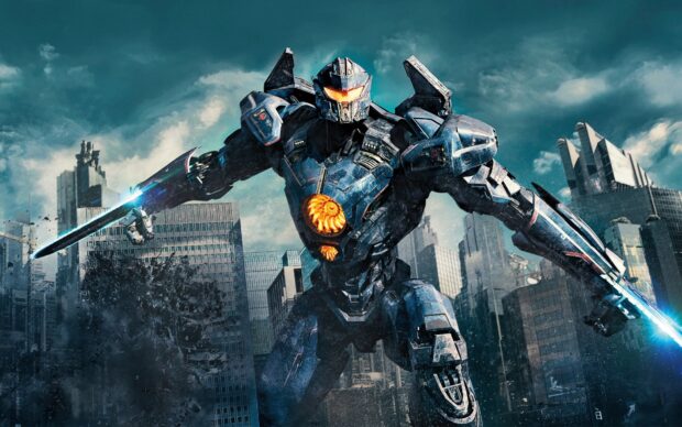 Giant Pacific Rim robot ready for battle in the cityscape