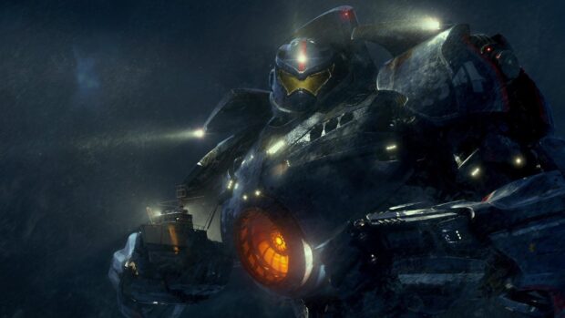 A giant mech in Pacific Rim standing in the rain with glowing chest reactor and ship in hand