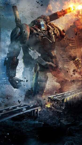Giant Pacific Rim robot firing a weapon amidst city destruction and collapsing bridge