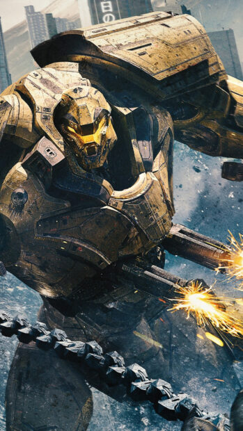 Giant Jaeger from Pacific Rim firing weapons in battle scene