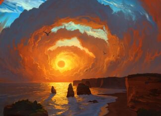 A dramatic paint scene of ocean cliffs under a swirling sky at sunset with seagulls flying