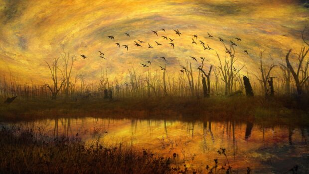 A paint scene of a golden sunset sky with flying birds over a wetland area