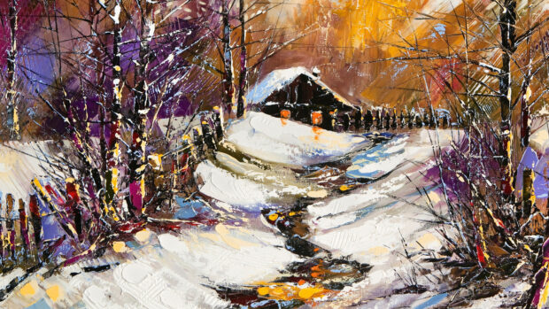 Winter landscape with a snowy path and trees painted in vibrant colors