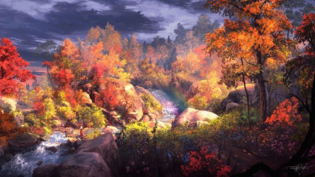 A serene paint scene of a colorful forest with autumn trees and a flowing river