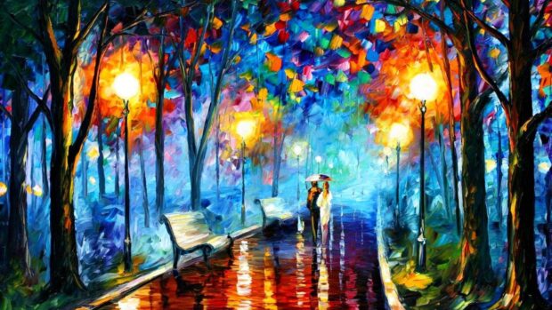 A paint scene of a couple walking under an umbrella in a colorful park at night