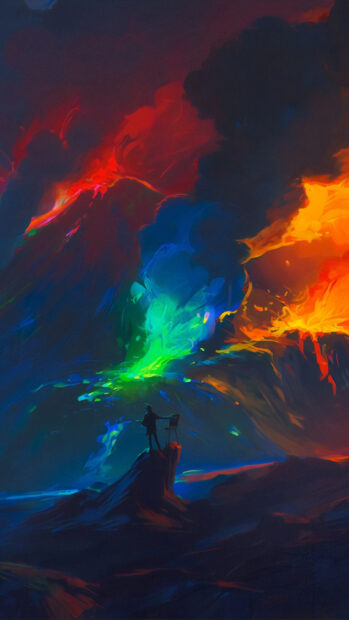 A person painting colorful lava and smoke erupting from a volcanic landscape in vibrant paint colors