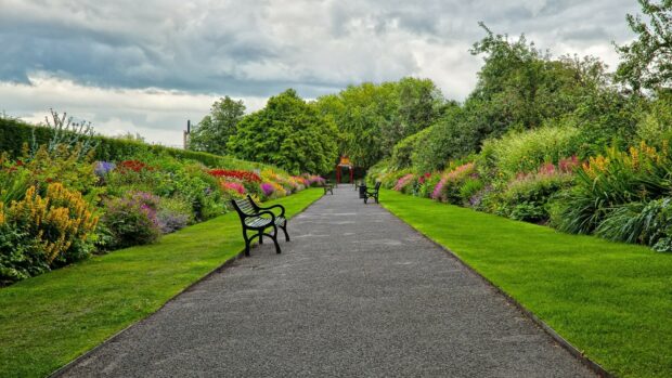 A garden path lined with colorful flowers and lush green trees in a park setting