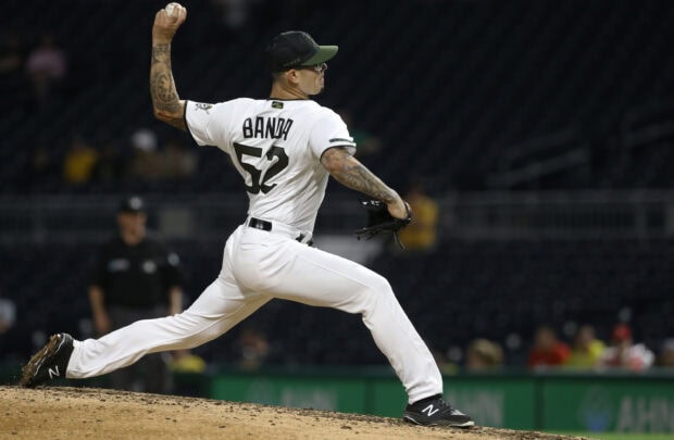 Pitcher Banda throwing a pitch for the Pittsburgh Pirates in action on the mound