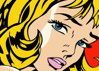 Sad woman with bright yellow hair in pop art style