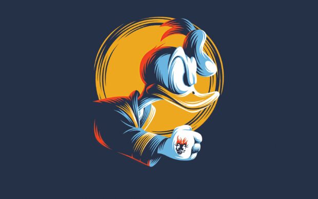 Vintage pop art style duck character with tattooed fist and yellow circular background