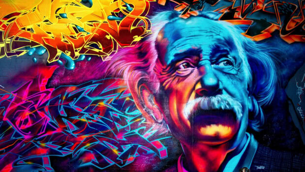 A vibrant pop art portrait of an old man with colorful graffiti elements on the side