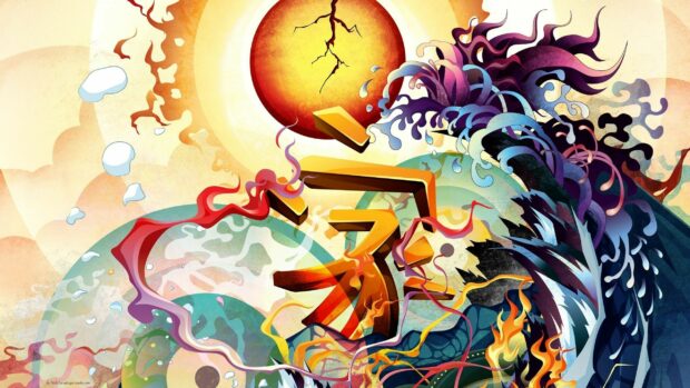 Abstract art design with vibrant shapes and a cracked sun in pop art style