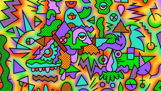 Abstract pop art design with vibrant green purple and orange shapes and patterns