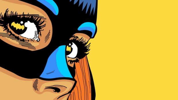 Close up of a pop art illustration showing an intense face with bold colors and lines