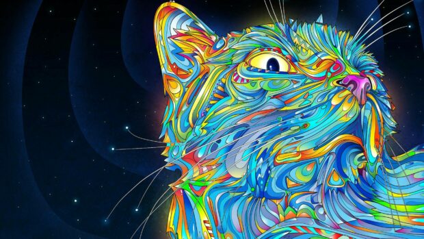 Colorful cat artwork in pop art style with vibrant abstract shapes and patterns