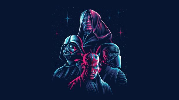 Pop art depiction of iconic Star Wars villains in vibrant colors and detailed style