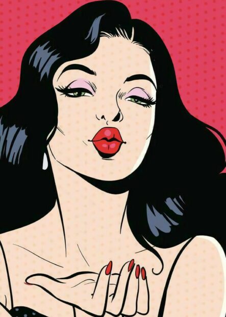 Woman with red lips and black hair blowing a kiss in pop art style